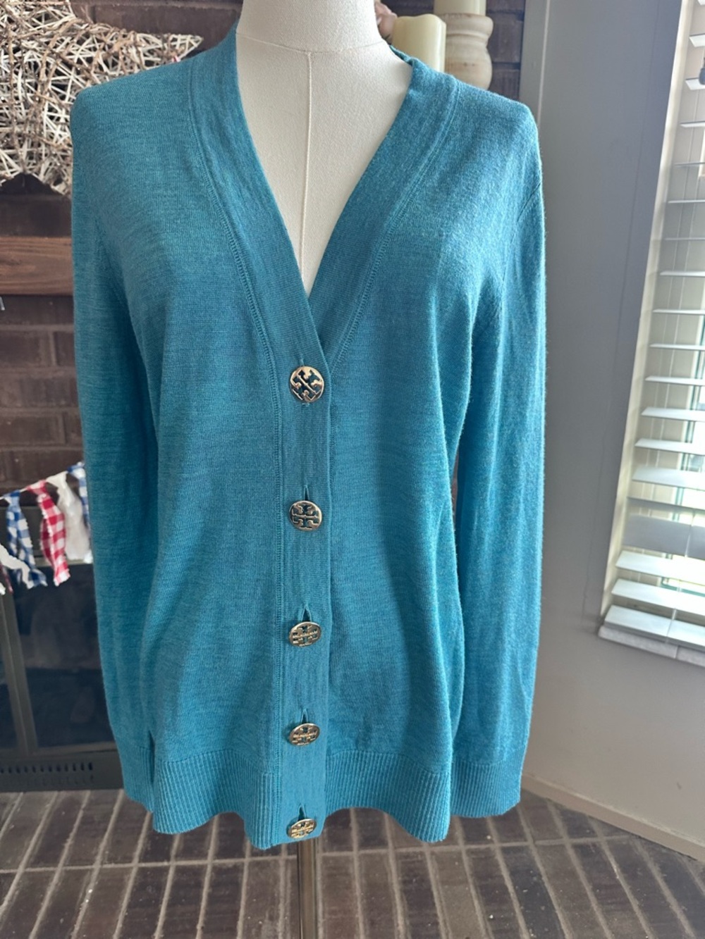 Tory Burch Teal 100% Merino Wool Simone Cardigan L Like New Quiet Luxury